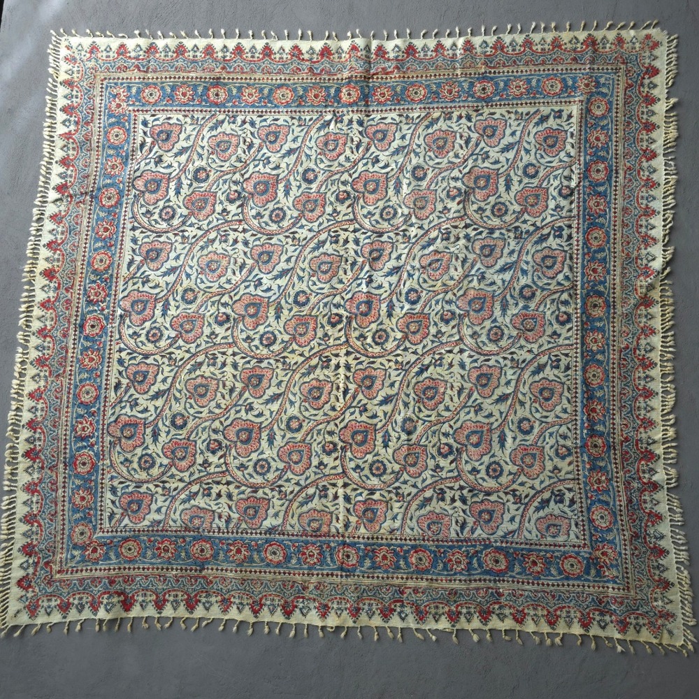 Vintage 70s Blue Red Floral Block Print Cotton Fringe Scarf OS
